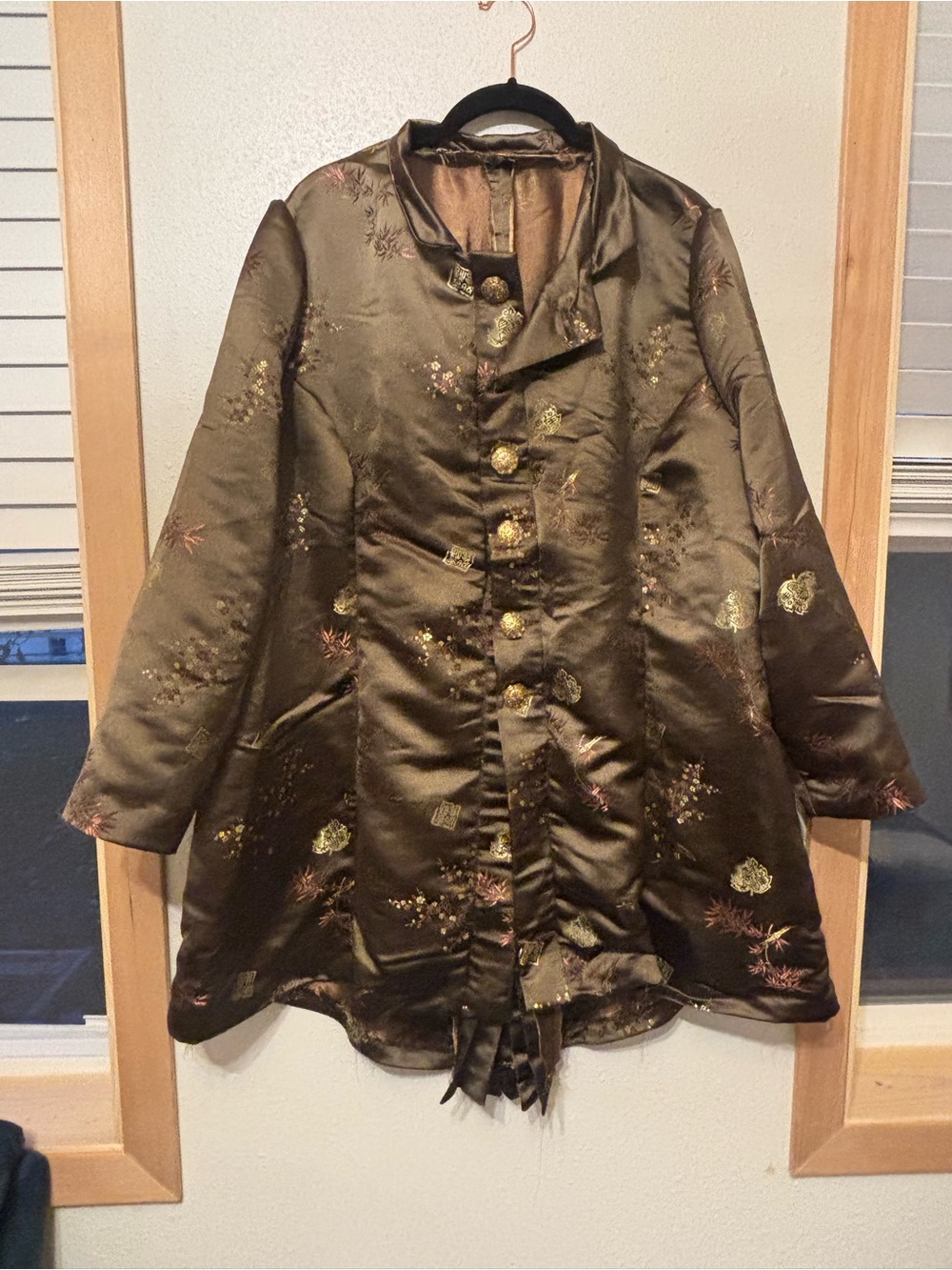 Vintage Olive Green Satin Women's Coat w/gold tone buttons handmade